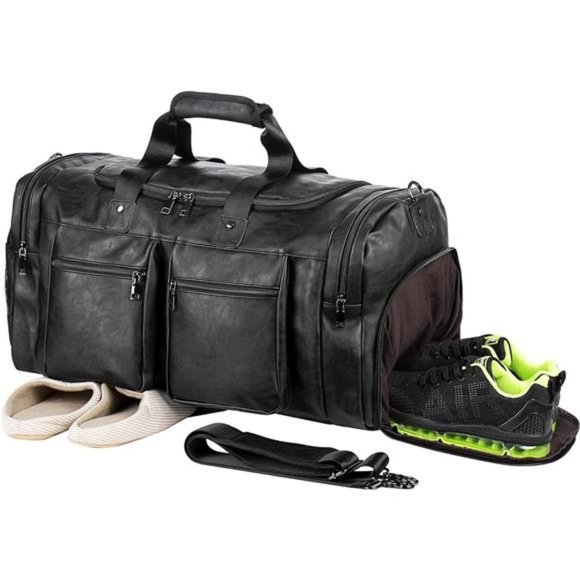 Weekender Bag with Shoe Compartment,Waterproof Leather Overnight Bag